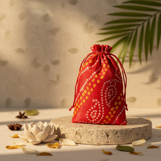 Red Bandhni print gift pouch for shagun and Diwali gifts UK