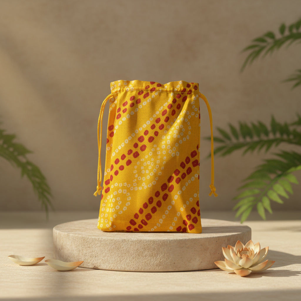 Yellow Bandhni print gift pouch for haldi and shagun gifts UK