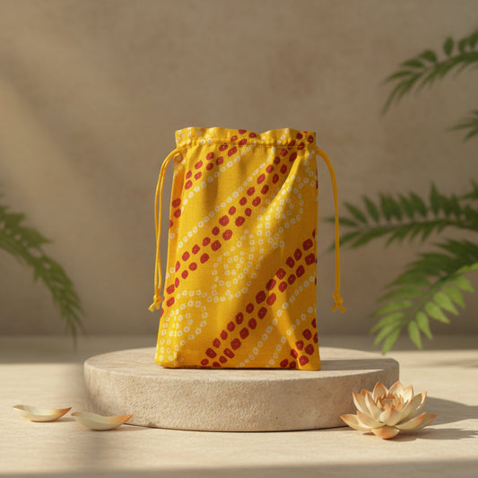 Yellow Bandhni print gift pouch for haldi and shagun gifts UK