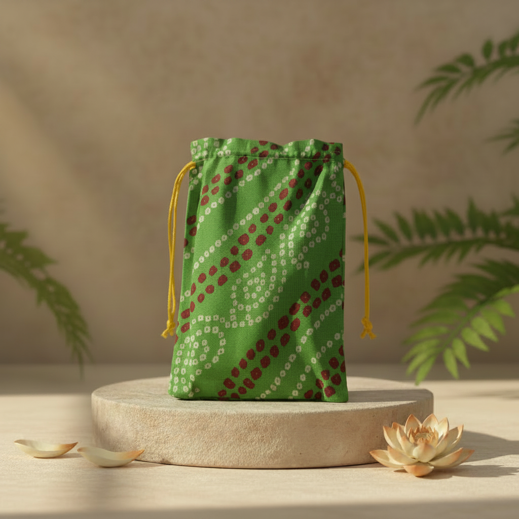 Green Bandhni print gift pouch for Diwali and wedding gifts UK